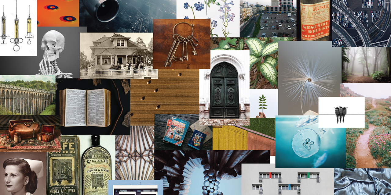 second type inspiration mood board of architechture, plants, and vintage medical supplies